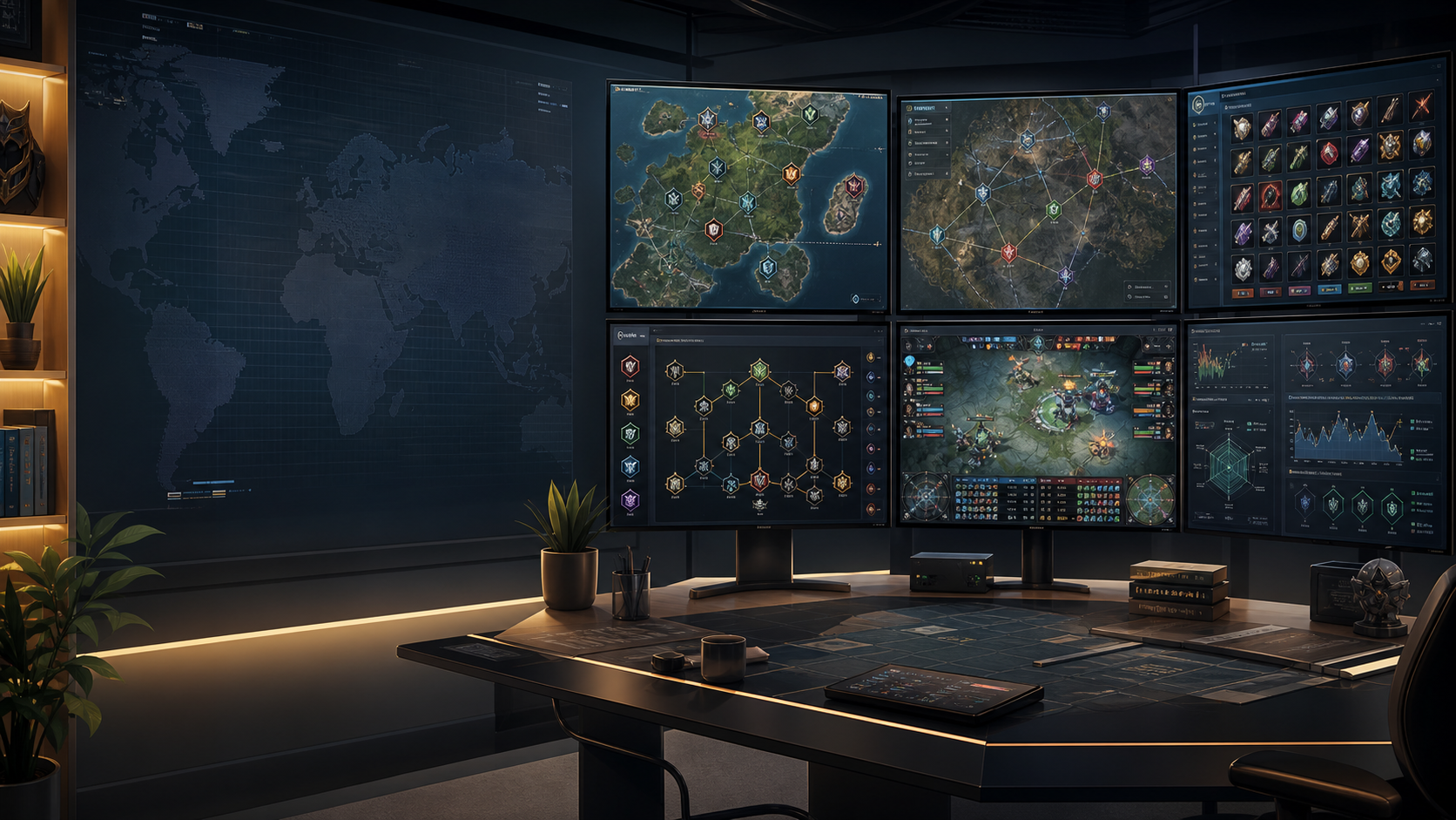 Gaming guide command center with maps, quest markers, item grids, and build screens